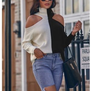 Cold Shoulder Colorblock Black and White Turtleneck Sweater